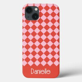 Gepersonaliseerd roze en rood kerstschaakbord Case-Mate iPhone case