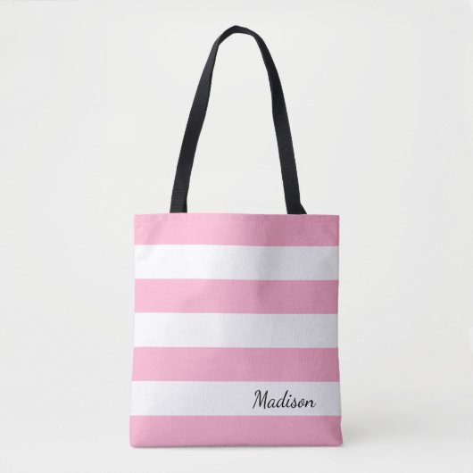 Gepersonaliseerd Roze en Witte Gestreepte Tas (Voorkant)