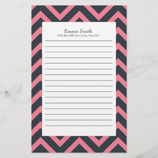 Gepersonaliseerd roze en zwart Chevron Pattern Briefpapier (Voorkant)