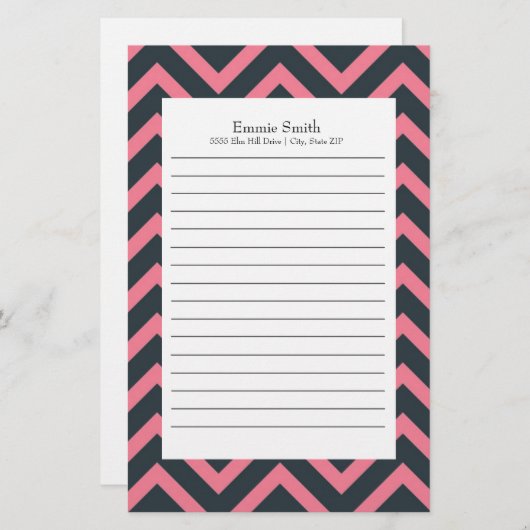 Gepersonaliseerd roze en zwart Chevron Pattern Briefpapier (Voorkant / Achterkant)