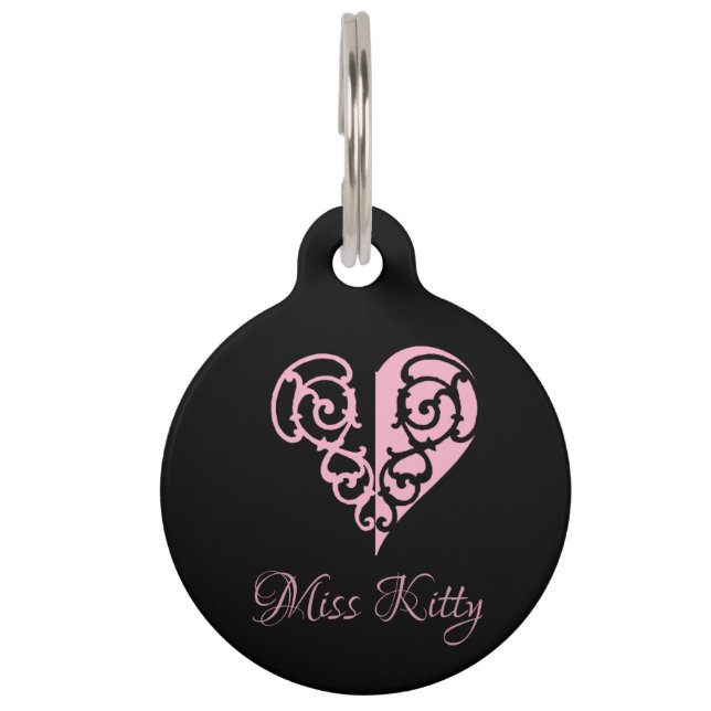 Gepersonaliseerd roze Filigree Heart Huisdierpenning (Voorkant)