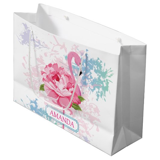 Gepersonaliseerd Roze flamingo Floral ontwerp Groot Cadeauzakje (Voorkant Gekanteld)