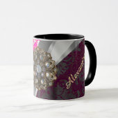 Gepersonaliseerd roze  girly damast patroon mok (Voorkant rechts)