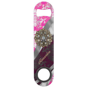 Gepersonaliseerd roze  girly damast patroon speed flessenopener