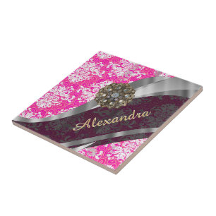 Gepersonaliseerd roze  girly damast patroon tegeltje