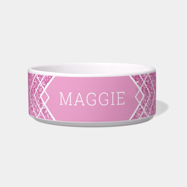 Gepersonaliseerd roze glitter Boho Pattern Pet Voerbakje (Voorkant)