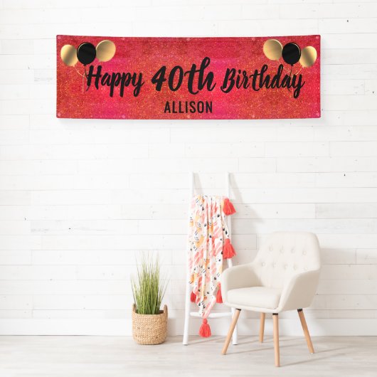 Gepersonaliseerd roze goud Glitter 40th Birthday Spandoek (Insitu)
