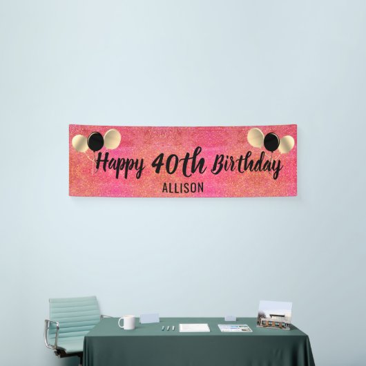 Gepersonaliseerd roze goud Glitter 40th Birthday Spandoek (Beurs)
