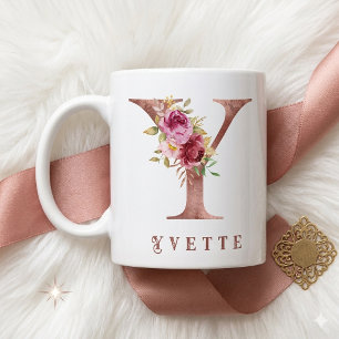 Gepersonaliseerd Roze Gouden Bloem Letter Y Monogr Koffiemok