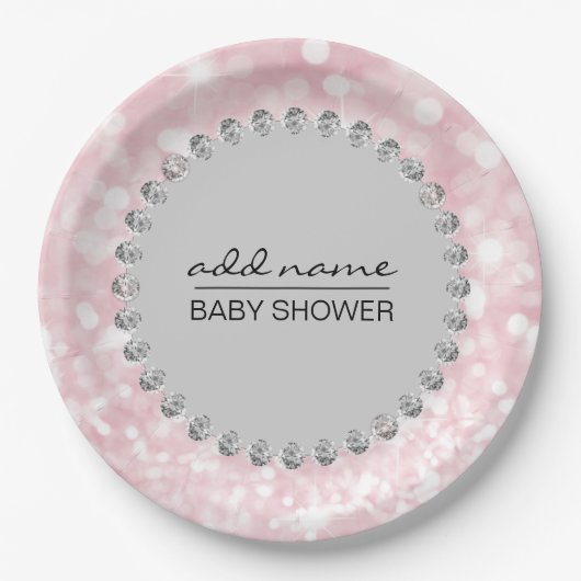 Gepersonaliseerd roze/grijs Baby shower meisje Papieren Bordje (Voorkant)
