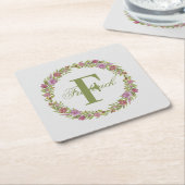 Gepersonaliseerd roze groene Floral Naam Monogram Kartonnen Onderzetters (Schuin)