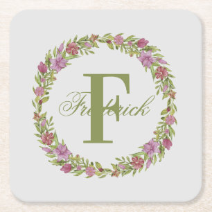 Gepersonaliseerd roze groene Floral Naam Monogram Kartonnen Onderzetters