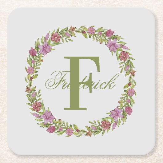 Gepersonaliseerd roze groene Floral Naam Monogram Kartonnen Onderzetters (Voorkant)