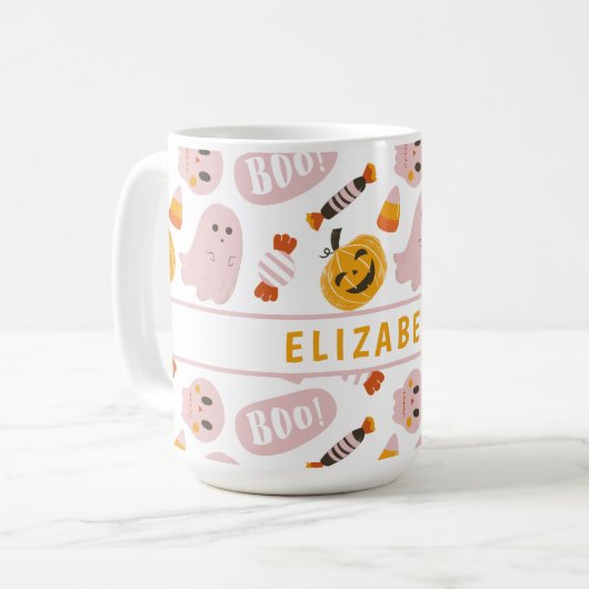 Gepersonaliseerd roze halloween koffiemok (Voorkant links)