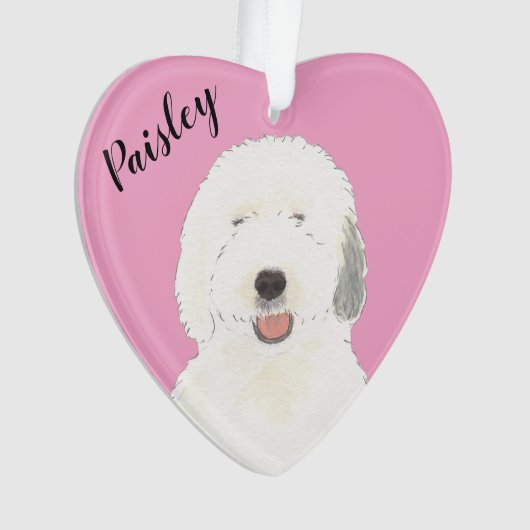 Gepersonaliseerd Roze Hart Oud Engels Sheepdog Ornament (voorkant)