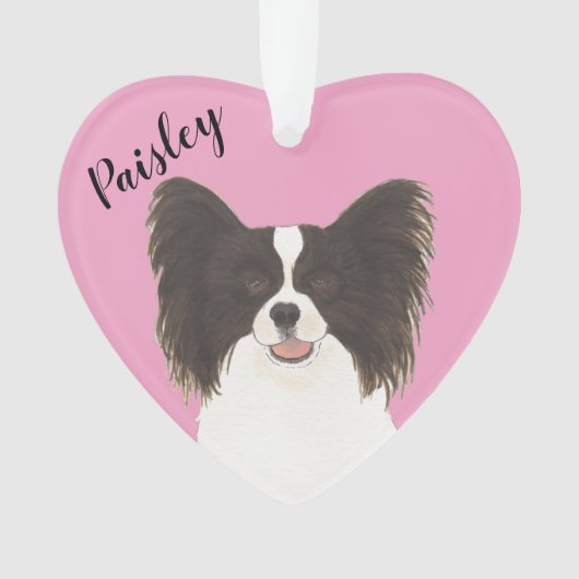 Gepersonaliseerd Roze Hart Zwart-wit Papillon Ornament (voorkant)