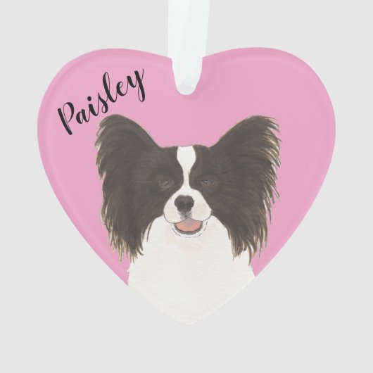 Gepersonaliseerd Roze Hart Zwart-wit Papillon Ornament (achterkant)