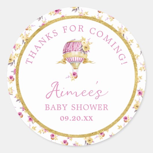 Gepersonaliseerd roze heteluchtballon Baby shower Ronde Sticker (Voorkant)