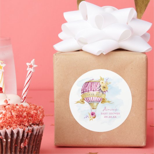 Gepersonaliseerd roze heteluchtballon Baby shower Ronde Sticker (Feest)
