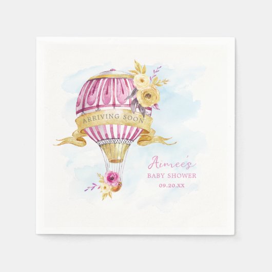 Gepersonaliseerd roze heteluchtballon Baby shower Servet (Voorkant)