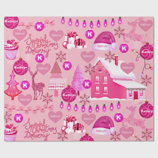Gepersonaliseerd roze Kerstmis Cadeaupapier (Vlak)