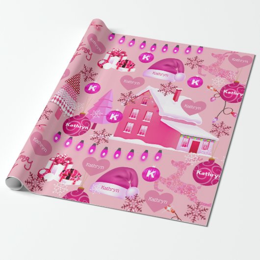 Gepersonaliseerd roze Kerstmis Cadeaupapier (Uitgerold)