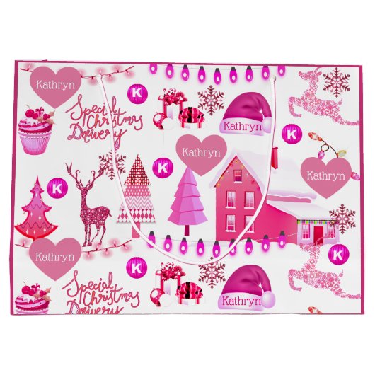 Gepersonaliseerd roze Kerstmis Groot Cadeauzakje (Achterkant)