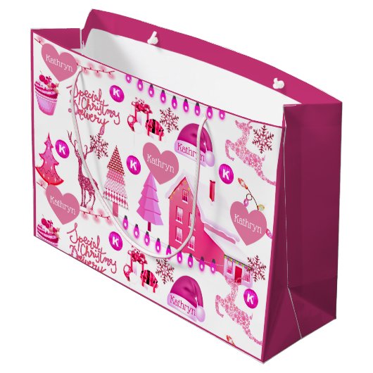 Gepersonaliseerd roze Kerstmis Groot Cadeauzakje (Achterkant Gekanteld)