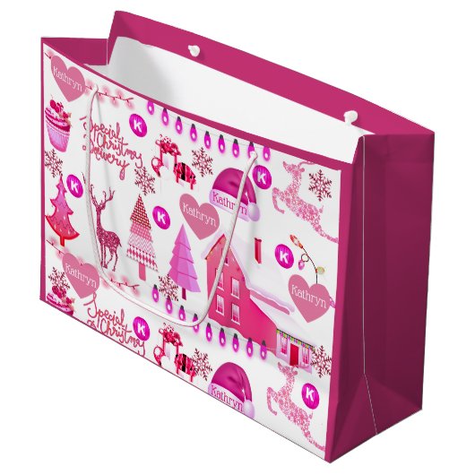 Gepersonaliseerd roze Kerstmis Groot Cadeauzakje (Voorkant Gekanteld)
