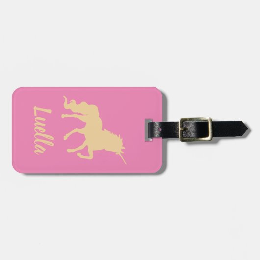 Gepersonaliseerd roze Kinder Unicorn bagagelabel (Voorkant horizontaal)