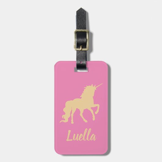 Gepersonaliseerd roze Kinder Unicorn bagagelabel (Voorkant verticaal)