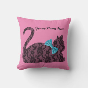 Gepersonaliseerd roze kussen met zwarte kant kat