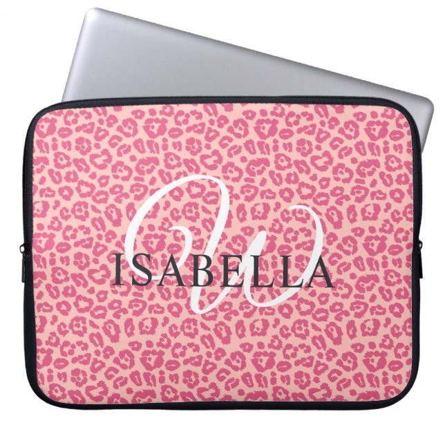 Gepersonaliseerd roze luipaard Afdrukmonogram Laptop Sleeve (Voorkant)