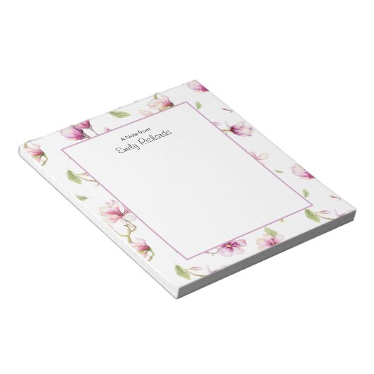 Gepersonaliseerd roze magnolia floral Notitieblok (Schuin)