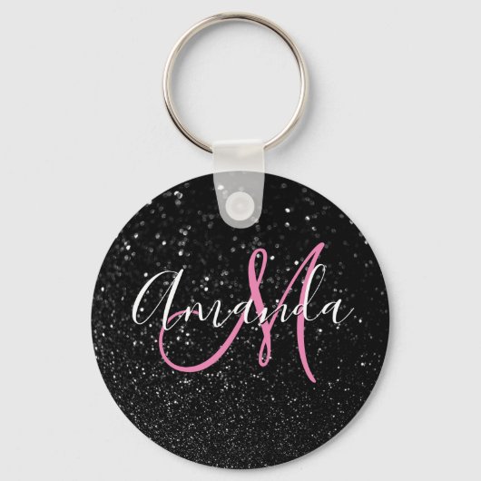 Gepersonaliseerd roze monogram Faux zwart Glitter Sleutelhanger (Voorkant)