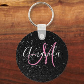 Gepersonaliseerd roze monogram Faux zwart Glitter Sleutelhanger (Voorkant)