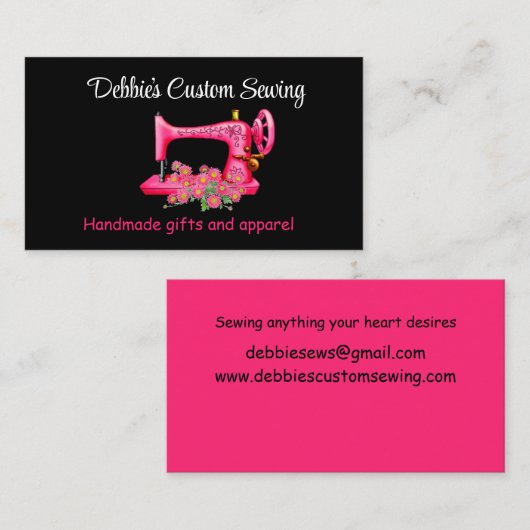 Gepersonaliseerd roze naaimachine op zwart visitekaartje (Voorkant / Achterkant)