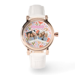 Gepersonaliseerd roze nordisch leuk volks bloemmot horloge