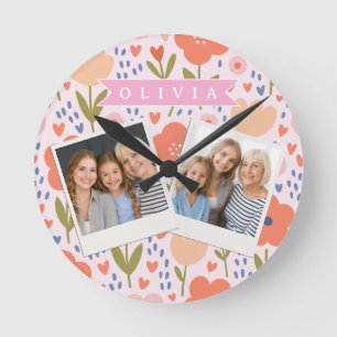 Gepersonaliseerd roze nordisch leuk volks bloemmot ronde klok