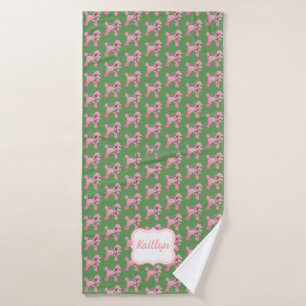 Gepersonaliseerd Roze Poedel op Groen Badhanddoek