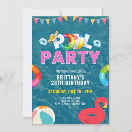 Gepersonaliseerd Roze Pool Party Meisje Verjaardag Kaart (Voorkant)