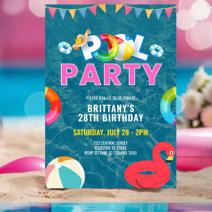 Gepersonaliseerd Roze Pool Party Meisje Verjaardag Kaart