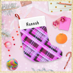 Gepersonaliseerd roze ruitjes winterpatroon kleine kerstsok