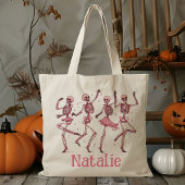 Gepersonaliseerd roze skelet Trick or treat Snoep Tote Bag