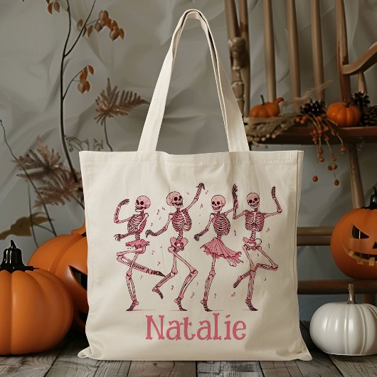 Gepersonaliseerd roze skelet Trick or treat Snoep Tote Bag