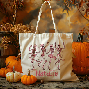 Gepersonaliseerd roze skelet Trick or treat Snoep Tote Bag