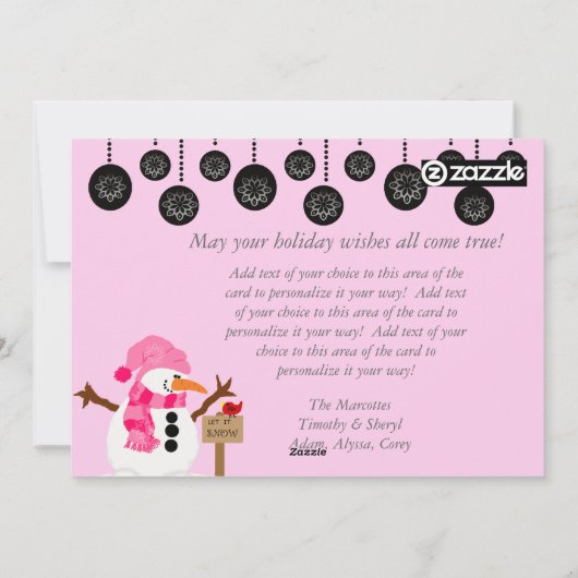Gepersonaliseerd roze Snowman Joy Holiday-kaart Feestdagenkaart (Achterkant)