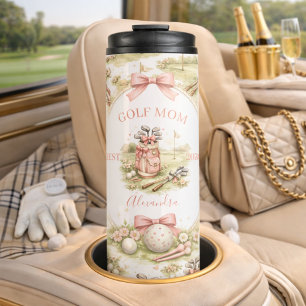 Gepersonaliseerd roze strik golf moeder cadeau thermosbeker