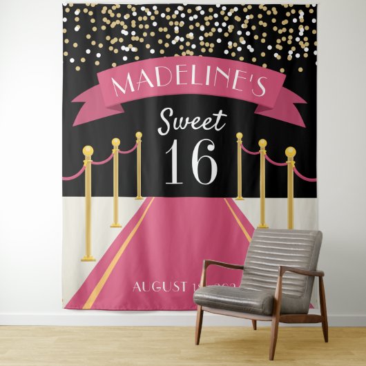 Gepersonaliseerd roze tapijtthema Sweet 16 Achterg Wandkleed (In situ)