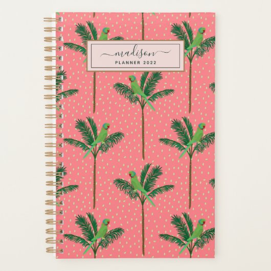 Gepersonaliseerd roze tropische palmvogelpatroon planner (Voorkant)